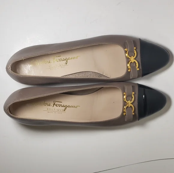Ferragamo Tan and Black Gold Logo Heels - Picture 3 of 8